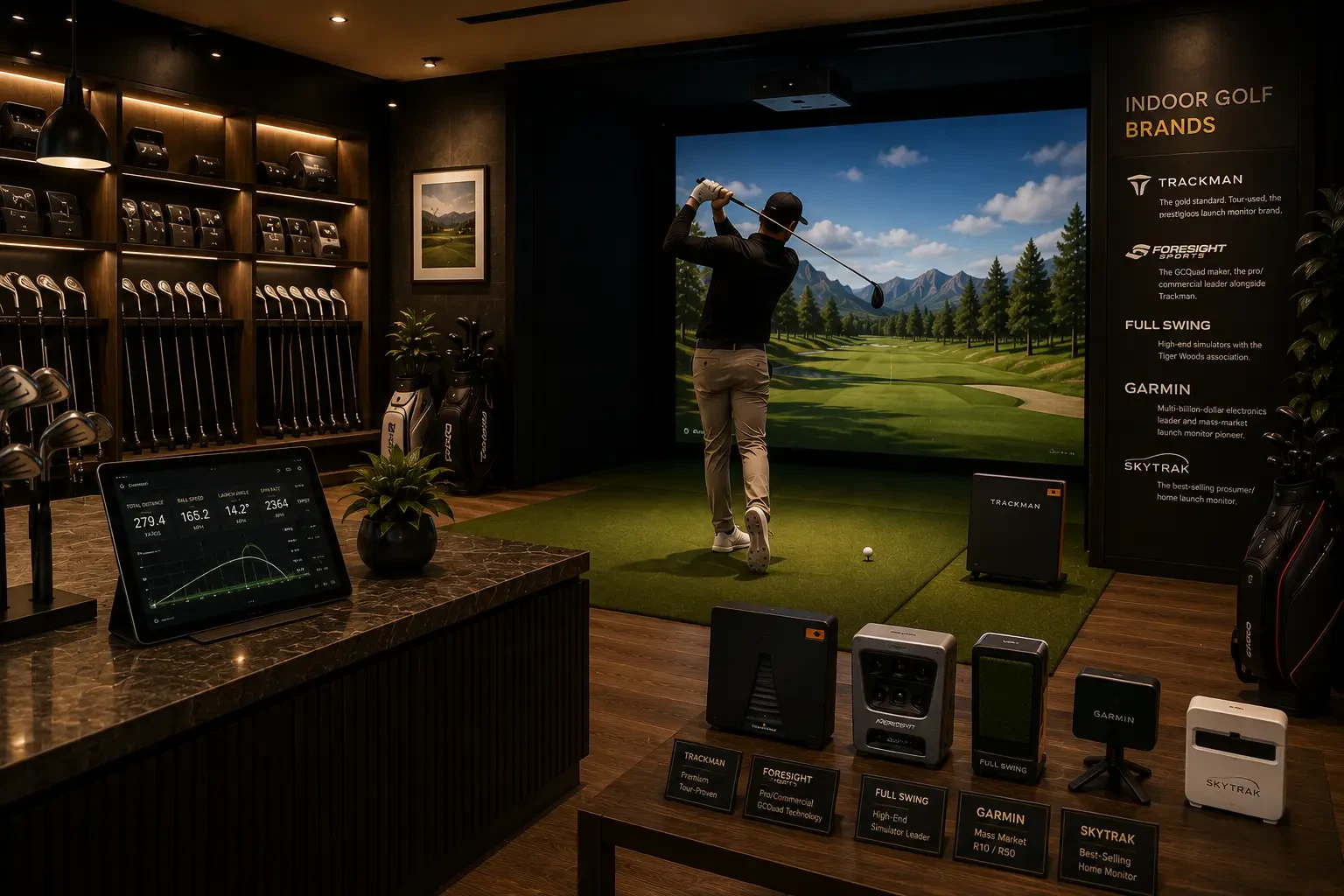 Indoor golf simulator lounge with premium gear and venue setup